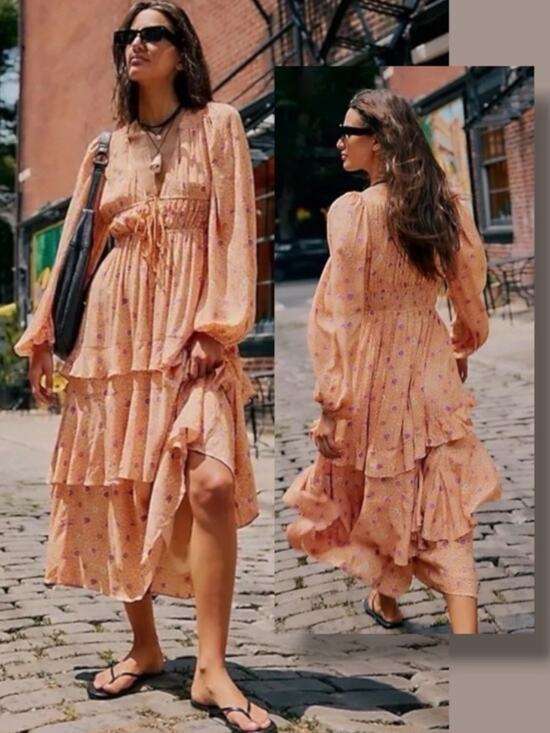 Free People Dresses & Skirts - Free People Bohemian Gypsy Tiered Ruffle Maxi Dress Size Large Plunge Billowy